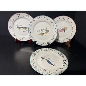 Rosanna Fashion Shoe Motif‎ 8" Dessert Plates White Multi-color Trim Lot of 4